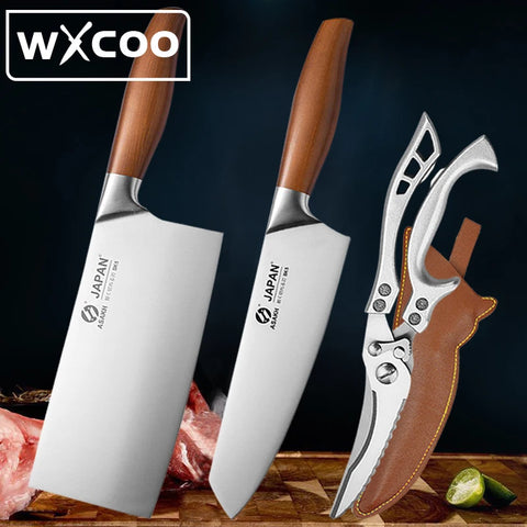 WXCOO Professional Japanese Kitchen Scissors Chef Knife Set Meat Vegetables Slice Knife Stainless Steel Butcher Cleaver Knives