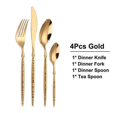 16/20/24Pcs Stainless Steel Tableware Set Gold Cutlery Sliver Knife Fork Spoon Western Hammer Pattern Handle Dinner Set Flatware