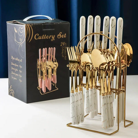 Stainless Steel Western Food Knife, Fork, Spoon, Gift Box, Hanger Set, Ceramic Tableware, New, 24 Pcs