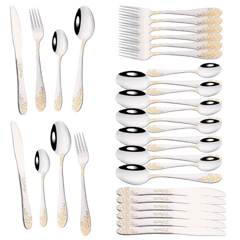 Vintage Western 8/32Pcs Gold Flatware Cutlery Dining Knife Fork Teaspoon Set Luxury Dinnerware Engraving Tableware Utensils Set