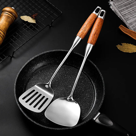 304 Stainless Steel Wood Handle Wide Fried Fish Spatulas Steak Shovel Fish Turner Slotted Beveled Kitchen Cooking Utensils