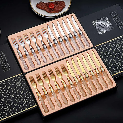 12pcs Silver Golden Knife And Fork Gift Set Transparent Handle Cutlery Hotel Steak Golden Spoon And Fork Set