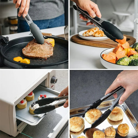 2-Piece Set Food Silicone Grill Tongs Kitchen Cooking Salad Bread Tongs Non-Stick Grill Tongs Steak Tongs Stainless Steel Tools