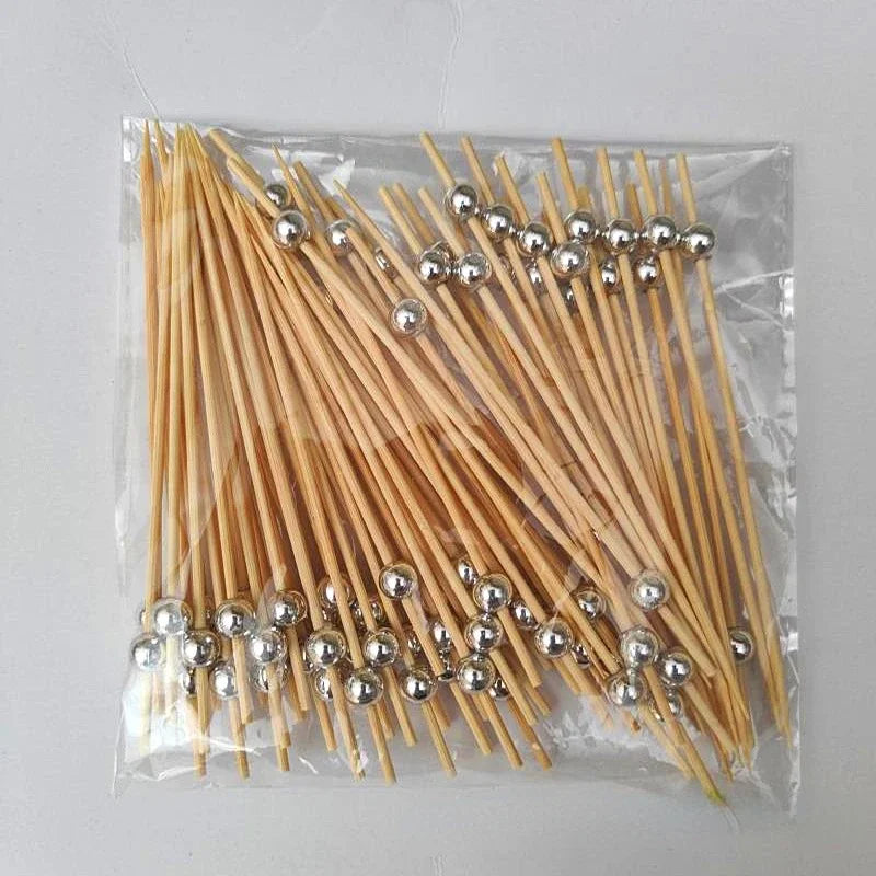 100Pcs Gold Beads Bamboo Fruit Sticks 12cm Fruit Salad Snack Fork Cocktail Decor Cake Buffet Toothpicks Wedding Party Supplies