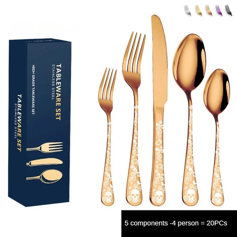 Stainless steel knife, fork and spoon set tableware Skull Western food gift box with 5 components for 4 people /8 people