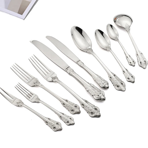 AJOYOUS Dinnerware Set Western Cutlery Stainless Steel Steak Knife Fork Spoon Luxury Silver Plated Tableware Vintage Flatware