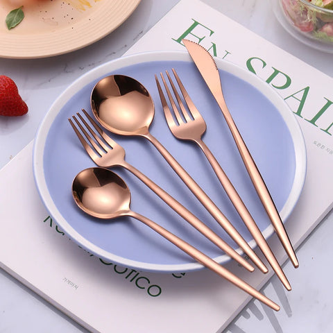 5 Pcs Mirror Stainless Steel Black Gold Silver Cutlery Tableware Knife Coffee Spoon Salad Fork Flatware Set Dishwasher Safe