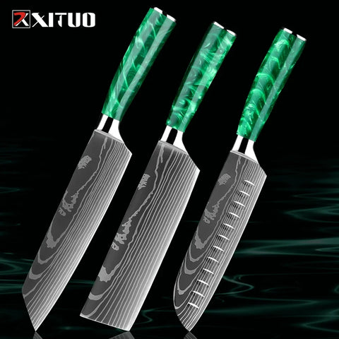 Pro Chef Knife Set 1-8PCS,7Cr17Mov Steel Kitchen Cooking Knives Utility Knife Super sharp Blade Ergonomic Green Resin Handle