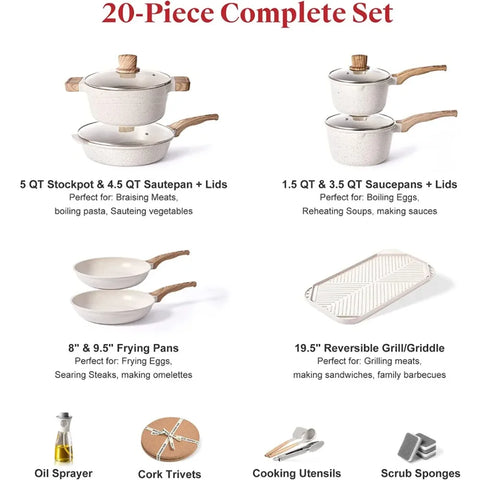 Pots and Pans Set - Caannasweis Kitchen Nonstick Cookware Sets Granite Frying Pans for Cooking Marble Stone Kitchen