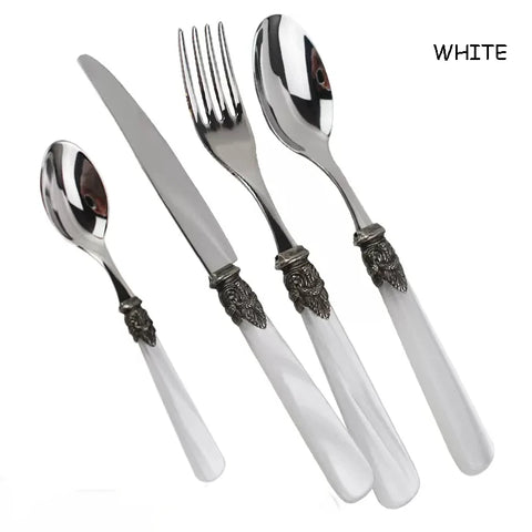 Stainless Steel Dinnerware Set with Luxurious Seashell Handle, Red and White Dinner Knife, Scoop and Fork