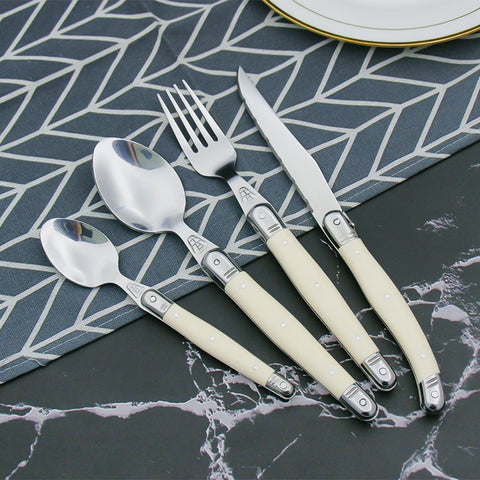 6-24pcs Laguiole Stainless Steel White Silverware Steak Knives Table Forks Dinner Spoons Dessert Teaspoon Set  Cutlery