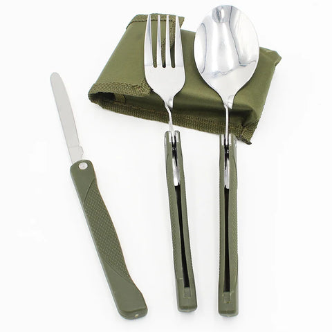 Stainless Steel Portable Folding Cutlery Set Fork Knife With  Green Pouch Survival Camping Bag Outdoor Cutlery Container