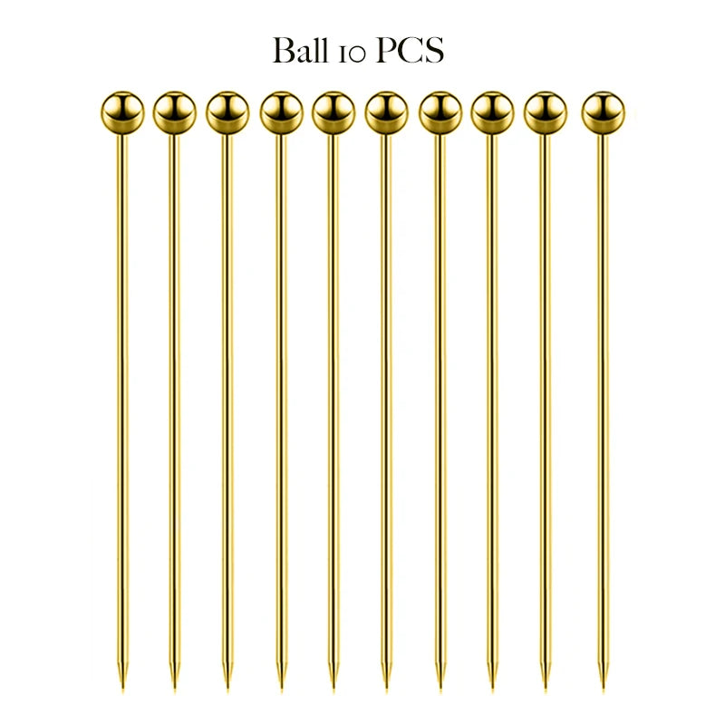 10PCS Cocktail Pick Cocktail Stick Stainless Steel Fruit Sticks Drink Stirring Sticks Martini Picks- Circle/Ball/Hat Shape