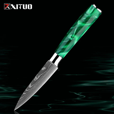 Pro Chef Knife Set 1-8PCS,7Cr17Mov Steel Kitchen Cooking Knives Utility Knife Super sharp Blade Ergonomic Green Resin Handle