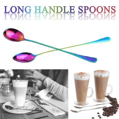 Coffee Teaspoons, Set Of 6 Rainbow Color Coffee Spoon Long-Handle Ice Cream Desert Spoon Cocktail Stir Spoons Mixing Spoon, Poin