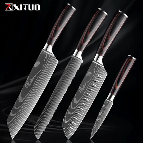 Professional Kitchen Knife Set 1-9PCS, Sharp Chef Knife Santoku Knife Fruit knife 7Cr17Mov Stainless Steel Ergonomic Wood Handle