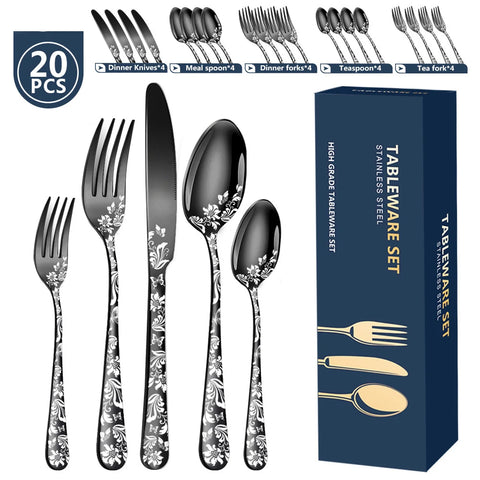 20Pcs Explosive Pattern Stainless Steel Cutlery Set Luxury Western Steak Dinnerware Set Knife Fork Spoon Set Tableware Black New