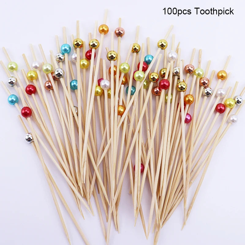 100pcs Pearl Bamboo Food Fruit Picks Fancy Cocktail Toothpicks For Birthday Wedding Valentine's Day Decoration Party Supplies