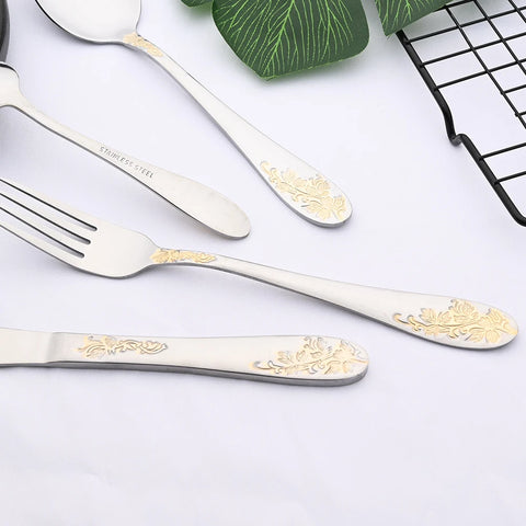 Vintage Western 8/32Pcs Gold Flatware Cutlery Dining Knife Fork Teaspoon Set Luxury Dinnerware Engraving Tableware Utensils Set