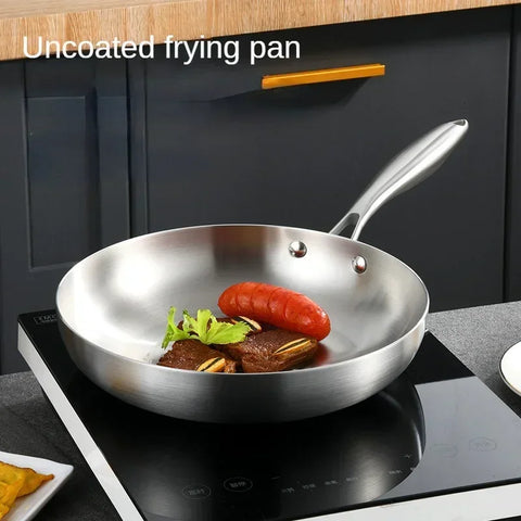 Five-layer Steel Frying Pan 304 Stainless Steel Steak Wok Non-stick Frying Pan Uncoated Stovetop Universal Kitchen Pans  Wok