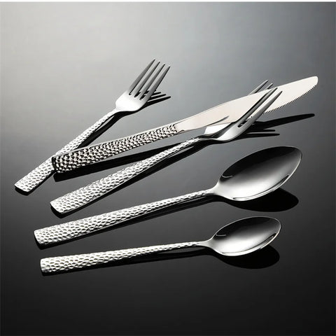 Hammered Pattern 430 Stainless Steel Cutlery Set Spoon Knife Fork Square Handle Dinnerware Luxury Retro Tableware Offers