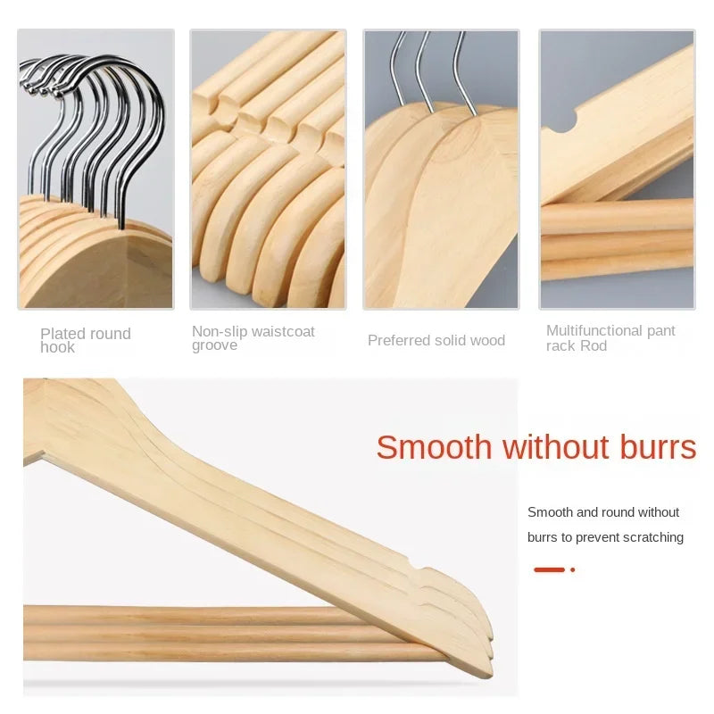10Pcs/set Adult Extra-Wide Seamless Solid Wood and Metal Hook Wooden Hangers with Notches Non-slip for Clothes Shelf Rack