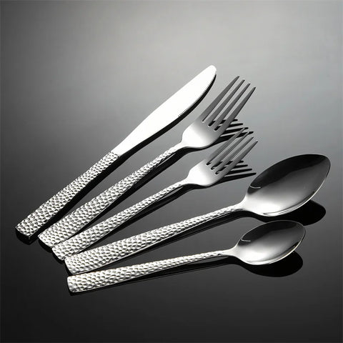 Hammered Pattern 430 Stainless Steel Cutlery Set Spoon Knife Fork Square Handle Dinnerware Luxury Retro Tableware Offers