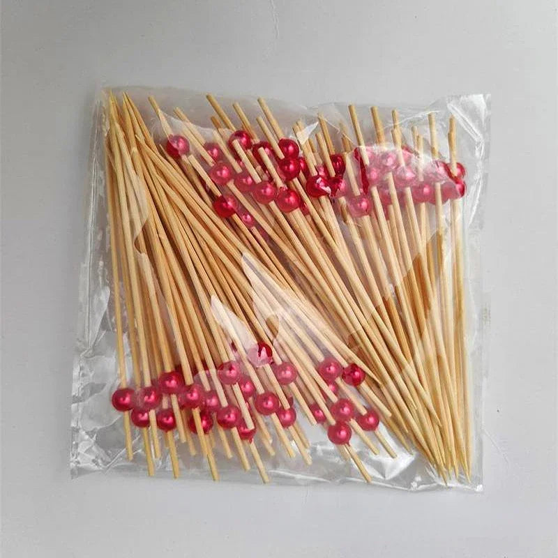 100Pcs Gold Beads Bamboo Fruit Sticks 12cm Fruit Salad Snack Fork Cocktail Decor Cake Buffet Toothpicks Wedding Party Supplies