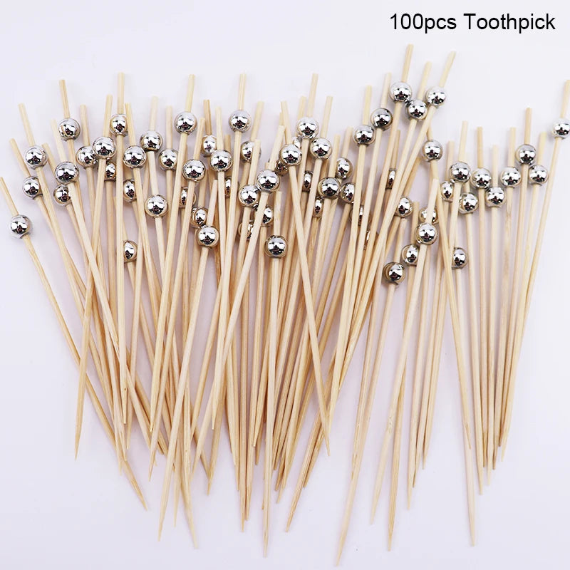 100pcs Pearl Bamboo Food Fruit Picks Fancy Cocktail Toothpicks For Birthday Wedding Valentine's Day Decoration Party Supplies