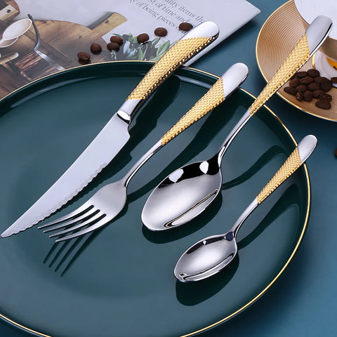 6 Pieces Stainless Steel Cutlery Set Western Gold Tableware Silver Knife Fork Spoon Dishwasher Safe Luxury Kitchen Utensils