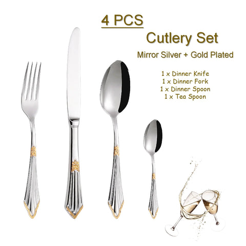 4/8/12/16/20/24/28 PCS Luxury Gold Plated Flatware Set Dishwasher Safe Cutlery Antique Silverware With Hollow Handle Table Knife