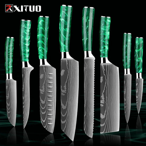 Pro Chef Knife Set 1-8PCS,7Cr17Mov Steel Kitchen Cooking Knives Utility Knife Super sharp Blade Ergonomic Green Resin Handle