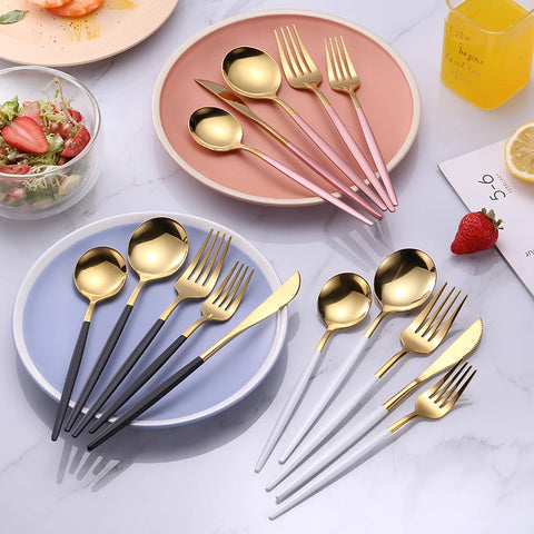 5 Pcs Mirror Stainless Steel Black Gold Silver Cutlery Tableware Knife Coffee Spoon Salad Fork Flatware Set Dishwasher Safe