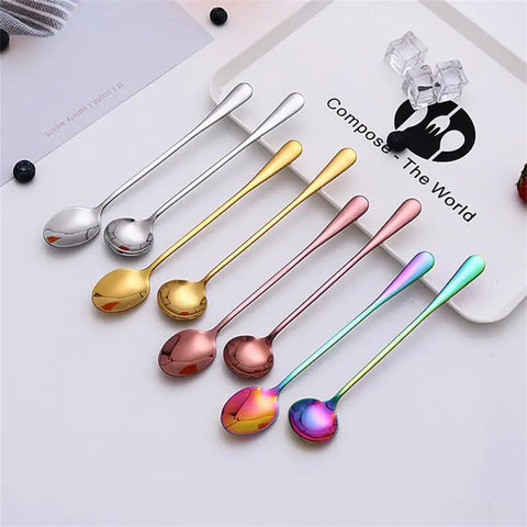 Black Long Handle Tea Spoons Juice Stirring Cutlery Stainless Steel Coffee Spoon Drinking Flatware Kitchen Drop Shipping