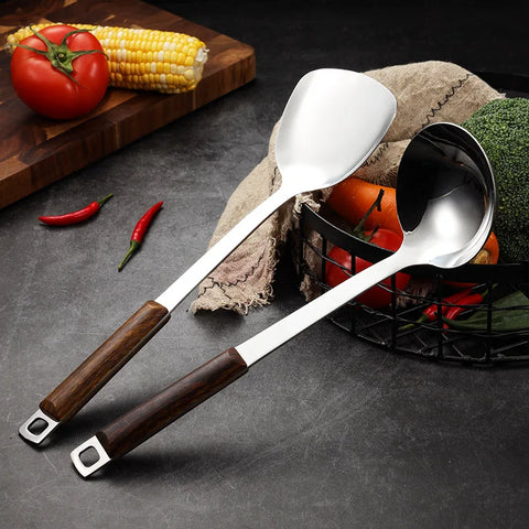 Hanging Wood Clip Handle Cooking Utensils Stainless Steel Spatula Colander Frying Spatula Soup Spoon Kitchen Accessories