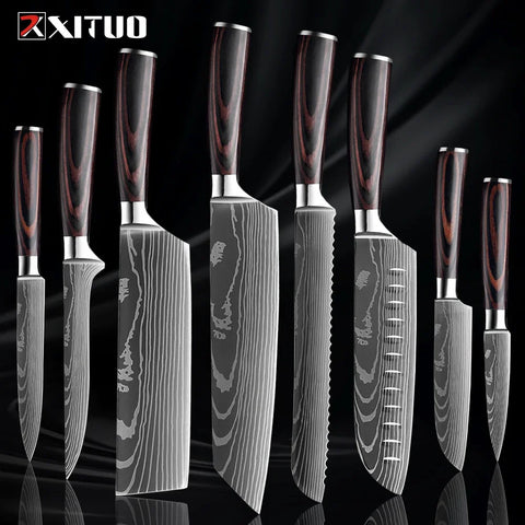 Professional Kitchen Knife Set 1-9PCS, Sharp Chef Knife Santoku Knife Fruit knife 7Cr17Mov Stainless Steel Ergonomic Wood Handle