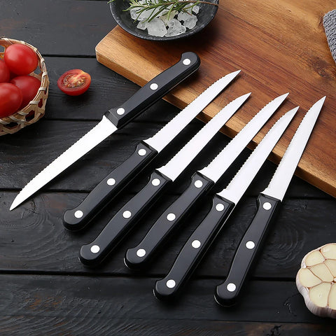 XITUO 6/8/10/12 PCS Steak Knife Sets High Carbon Steel Flatware Kitchen Tableware Chef Utility Serrated Knife Black ABS Handle