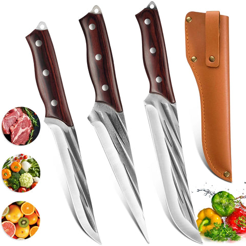 3pcs/set Forged Chef Knife 5Cr15Mov Stainless Steel Kitchen Boning Knife Meat Cutting Bone Purple Wood Handle with Cover