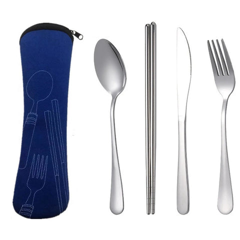 4Pcs Set Portable Spoon Fork Steak Knife Set Stainless Steel Travel Cutlery Tableware With Bag Dark Blue