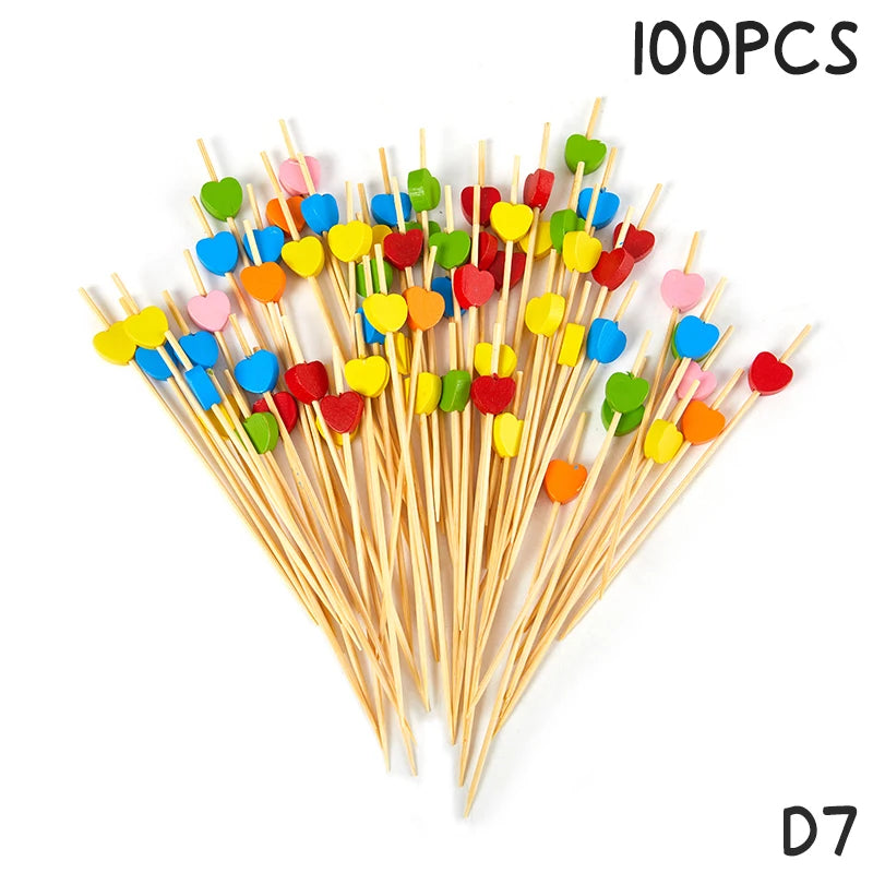 50/100Pcs Disposable Bamboo Skewers Food Cocktail Picks Buffet Fruit Cupcake Fork Sticks Party Table Decoration Supplies