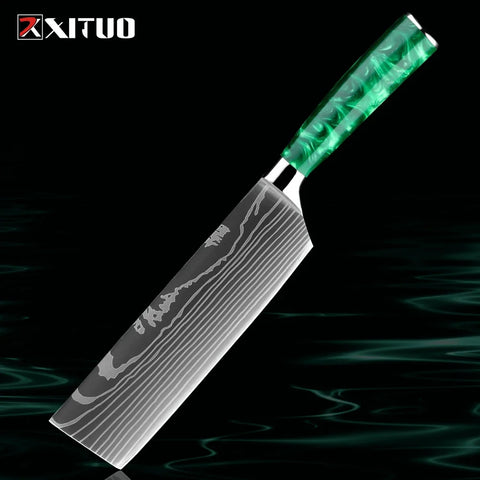 Pro Chef Knife Set 1-8PCS,7Cr17Mov Steel Kitchen Cooking Knives Utility Knife Super sharp Blade Ergonomic Green Resin Handle