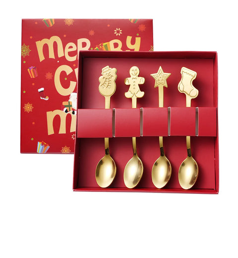 4pcs Stainless Steel Christmas Coffee Spoons Gold/Silver  With Gift Box  Gingerbread Man Dessert Spoons Cutlery Spoon Xmas Gift