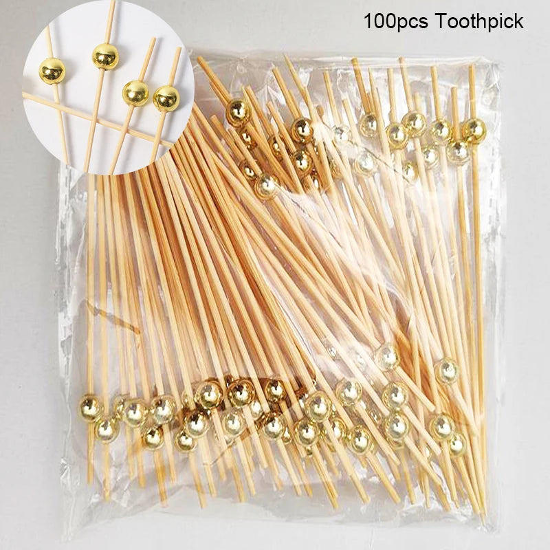 100pcs Pearl Bamboo Food Fruit Picks Fancy Cocktail Toothpicks For Birthday Wedding Valentine's Day Decoration Party Supplies