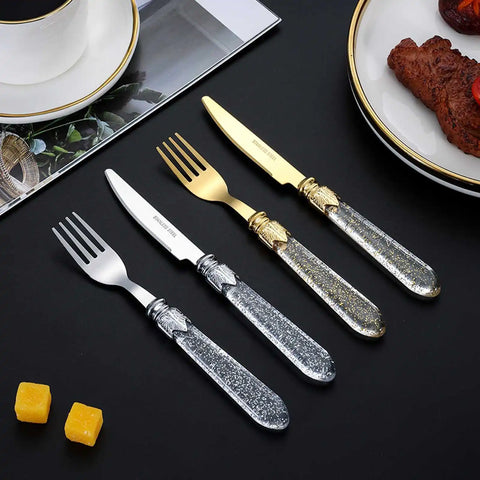 12pcs Silver Golden Knife And Fork Gift Set Transparent Handle Cutlery Hotel Steak Golden Spoon And Fork Set