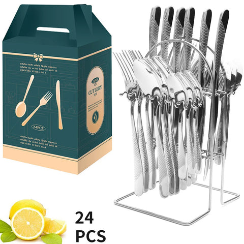 24 Sets Stainless Steel Tableware Vacuum Titanium Plating Simple Knives Forks Spoons Tea Spoons  Dinnerware Set Cutlery Set