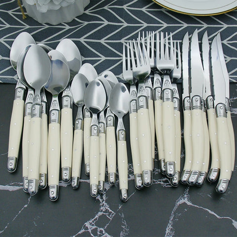 6-24pcs Laguiole Stainless Steel White Silverware Steak Knives Table Forks Dinner Spoons Dessert Teaspoon Set  Cutlery