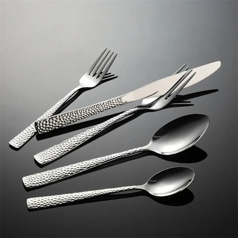 Hammered Pattern 430 Stainless Steel Cutlery Set Spoon Knife Fork Square Handle Dinnerware Luxury Retro Tableware Offers