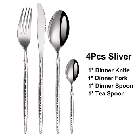 16/20/24Pcs Stainless Steel Tableware Set Gold Cutlery Sliver Knife Fork Spoon Western Hammer Pattern Handle Dinner Set Flatware