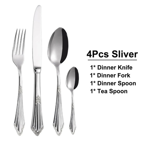 8/12/16/20/24 Pieces Gold Plated Cutlery Set Knife Fork Spoon Set Stainless Steel Western Tableware Mirror Dinnerware Flatware