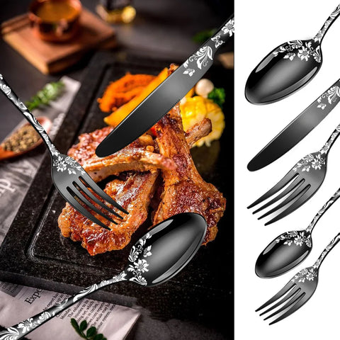 20Pcs Explosive Pattern Stainless Steel Cutlery Set Luxury Western Steak Dinnerware Set Knife Fork Spoon Set Tableware Black New